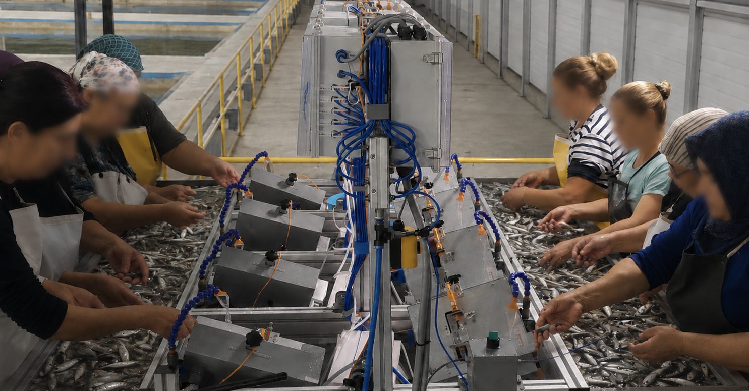 The AEV-8 automated intraperitoneal fish vaccination machine running in a hatchery